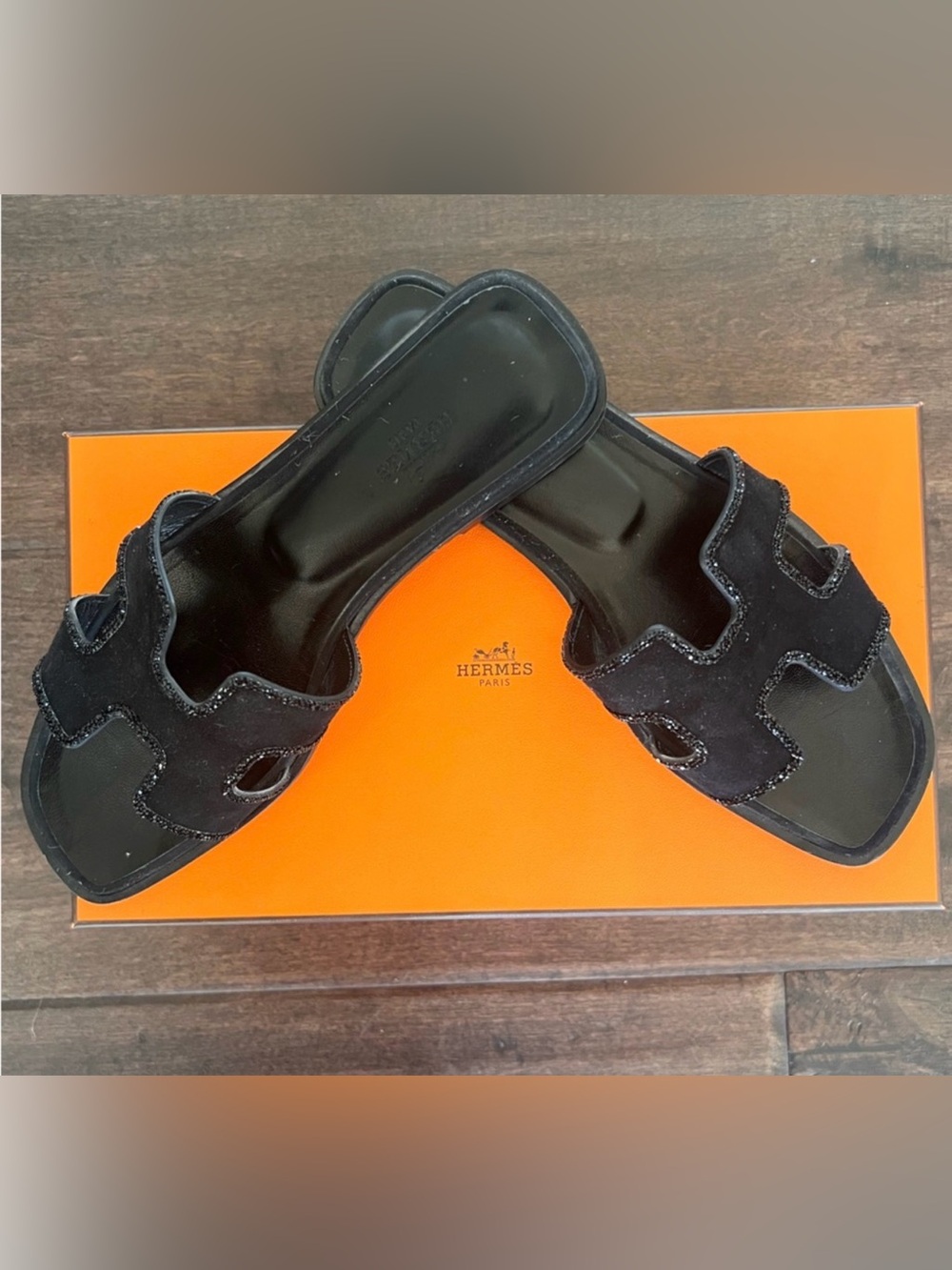 Hermes Black Suede H-Detail Slide Sandals